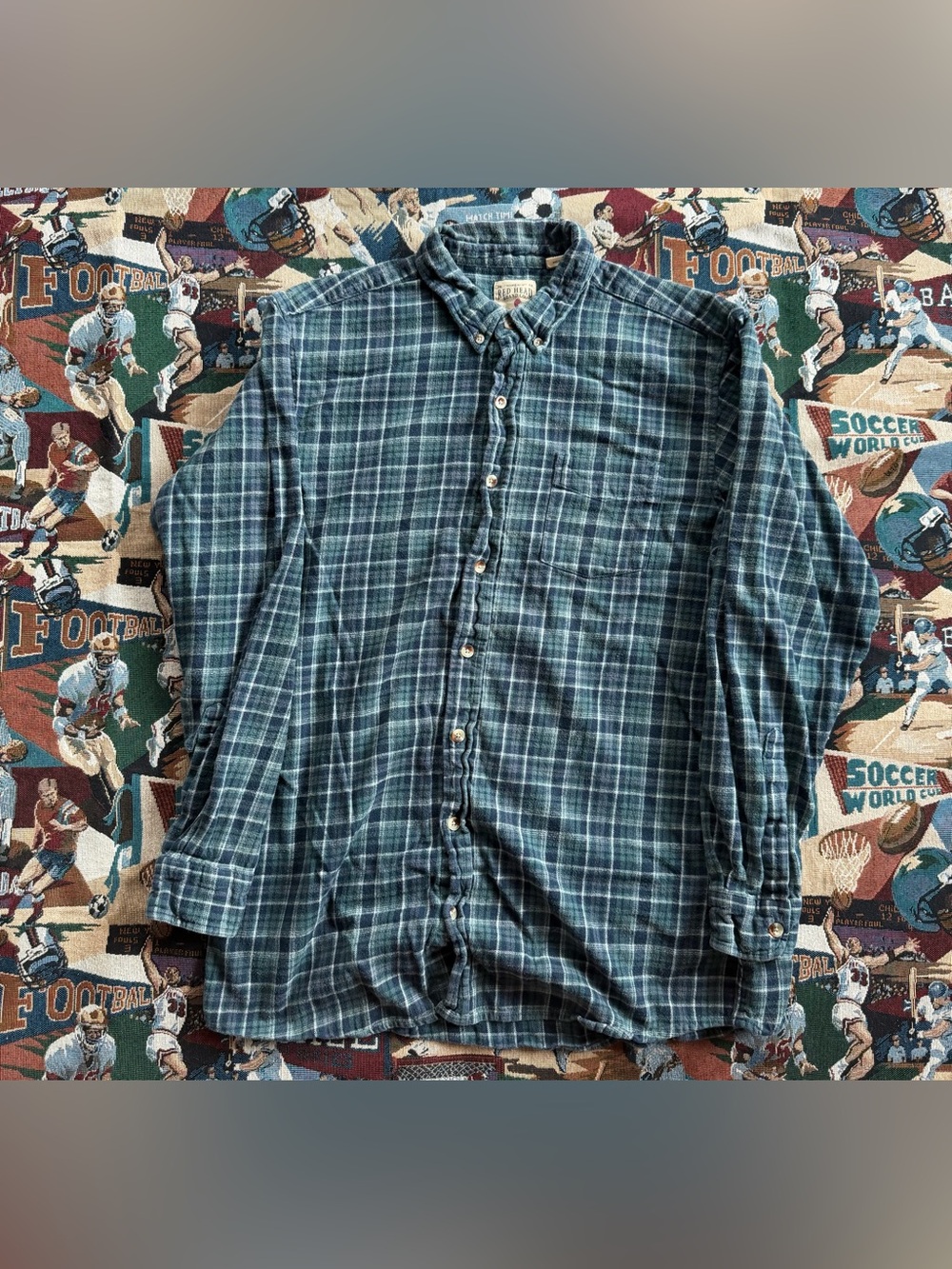 Men’s Red Head Blue Plaid Cotton Flannel Work Button Down Shirt